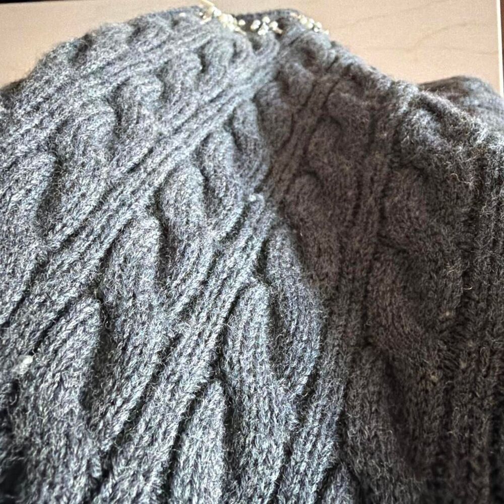 LoveShackFancy Charcoal Grey 100% Merino Wool Pearl Embellished Cardigan - Picture 6 of 6